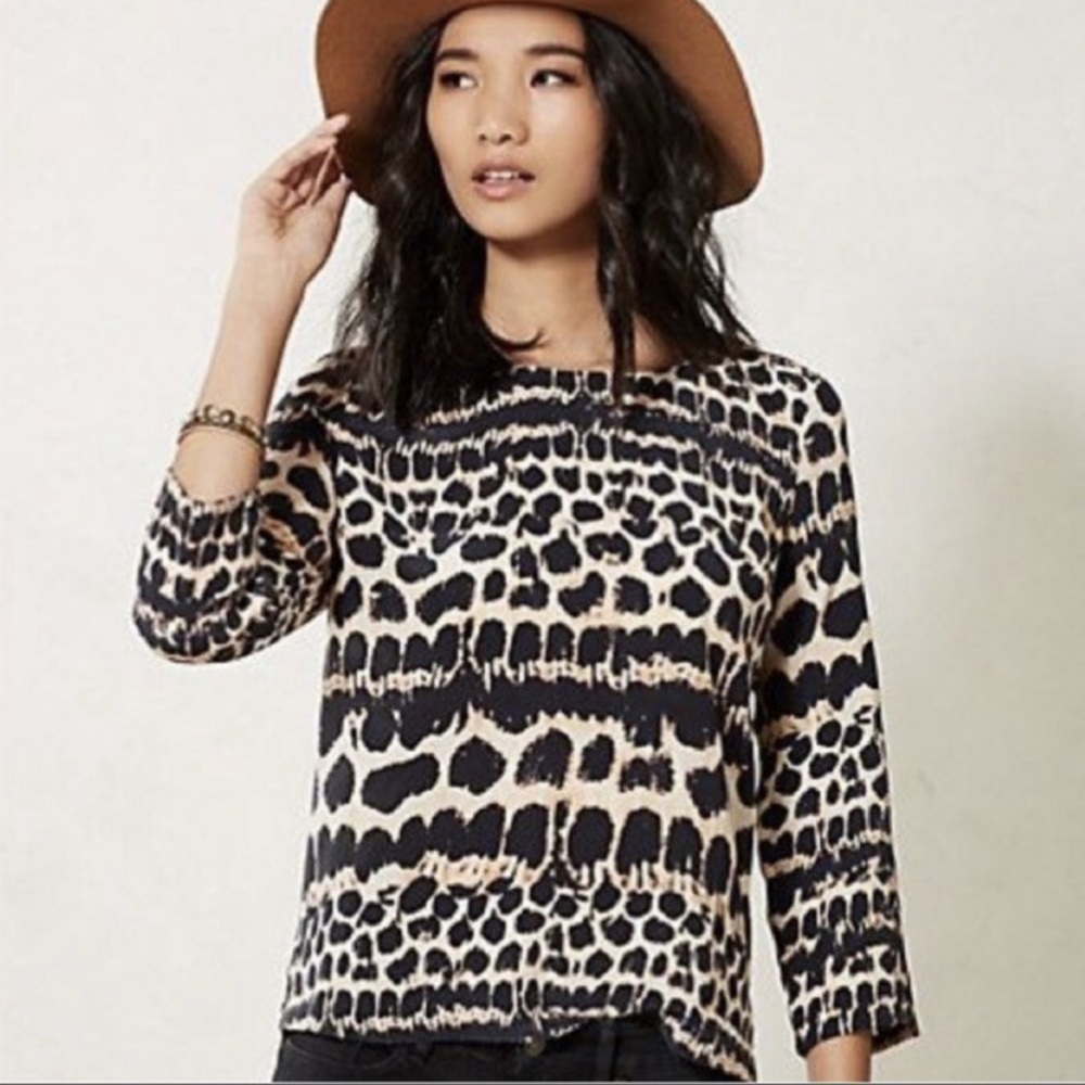Maeve Anthropologie 100% Silk Animal Print Linosa Top Size Small